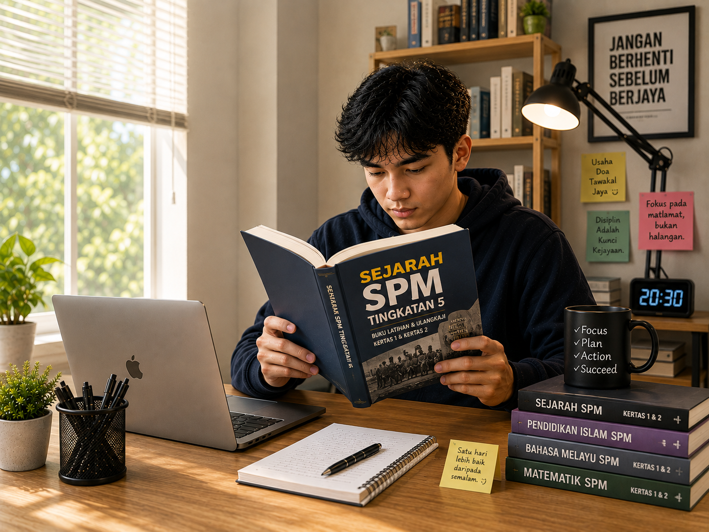 Pelajar belajar Sejarah SPM menggunakan buku teks dan sistem latihan online